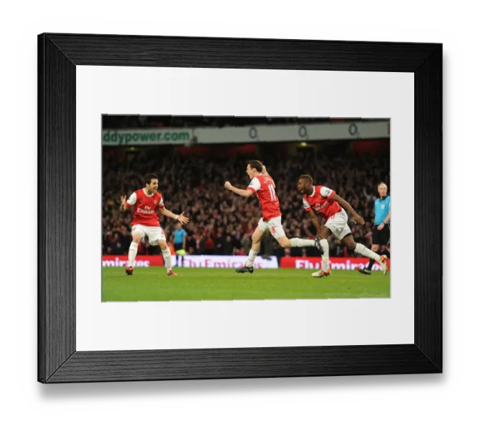 Framed Print : Squillaci, Djourou, and Fabregas: Arsenal's Triumphant Goal Celebration vs. Stoke City (1:0), 2011