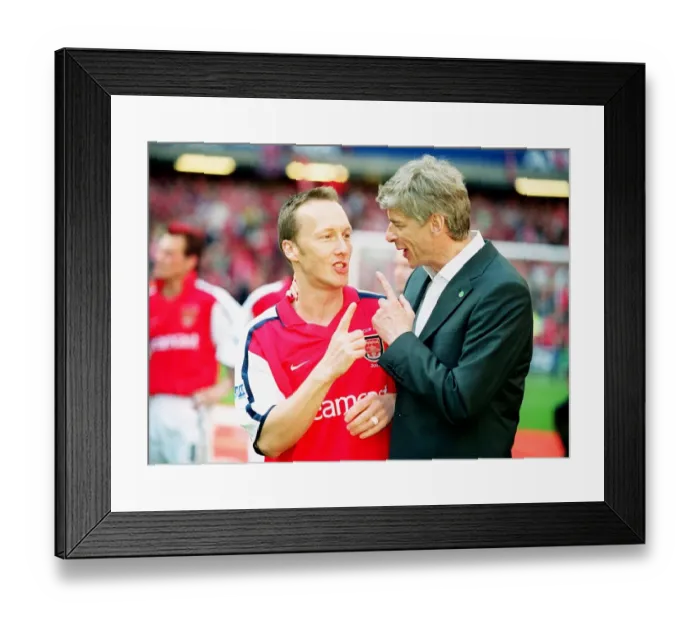 Framed Print : Arsenal manager Arsene Wenger with defender Lee Dixon after the match Framed Print : Arsenal manager Arsene Wenger with defender Lee Dixon after the match
