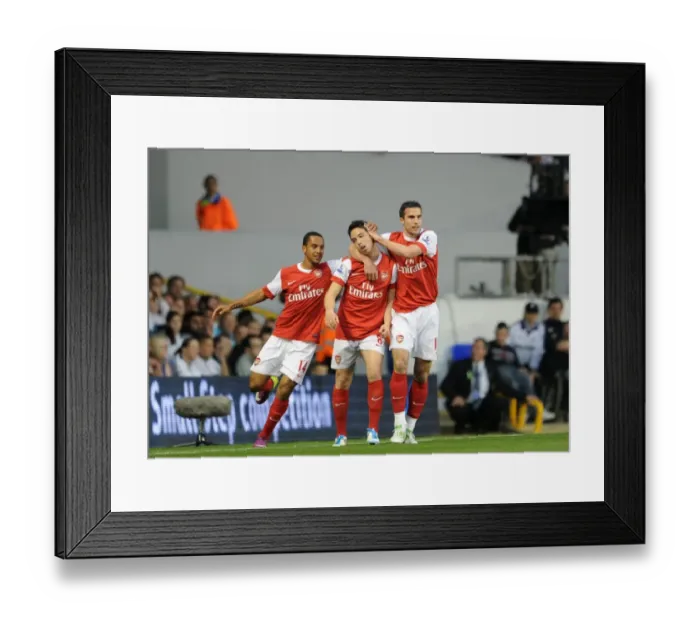 Framed Print : Triumphant Trio: Nasri, Walcott, van Persie Celebrate Arsenal's Equalizer vs. Tottenham, 20 / 4 / 11