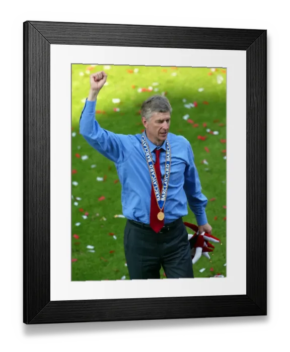 Framed Print : Arsene Wenger the Arsenal Manager celebrates at the end of the match Framed Print : Arsene Wenger the Arsenal Manager celebrates at the end of the match
