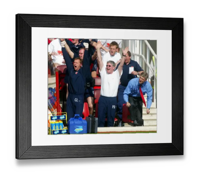 Framed Print : Champions League Bound: Arsenal's Triumphant Trio - Pat Rice, Gary Lewin, and Arsene Wenger Celebrate 2:1 Win Over Leicester City
