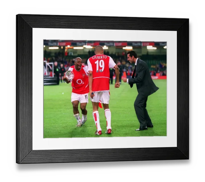Framed Print : Sylvain Wiltord, Gilberto and Edu celebrate after the match Framed Print : Sylvain Wiltord, Gilberto and Edu celebrate after the match
