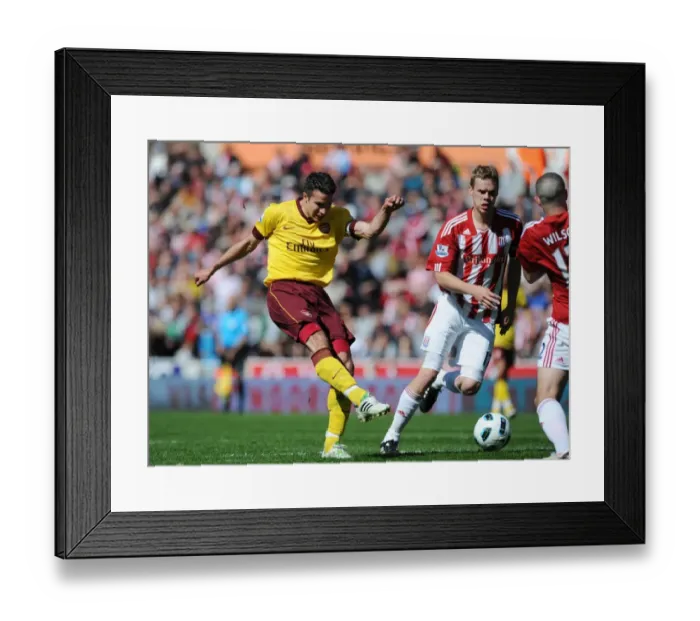 Framed Print : Robin van Persie shoots past Asmir Begovic to score the Arsenal goal. Stoke City 3