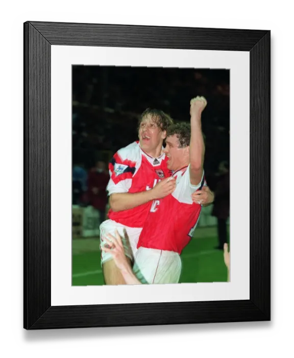 Framed Print : Paul Merson celebrates with John Jensen at the end of the game Framed Print : Paul Merson celebrates with John Jensen at the end of the game