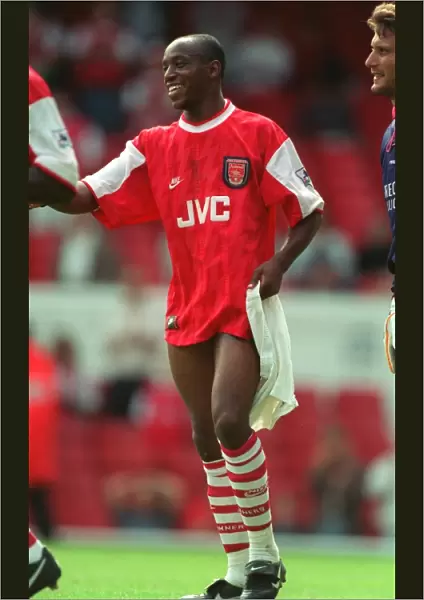Ian Wright (Arsenal) with his shorts in his hands