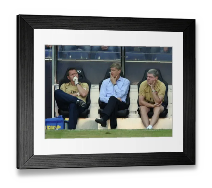 Framed Print : Arsene Wenger Arsenal Manager with Pat Rice (Assistant Manager) and Gary Lewin (Physio)