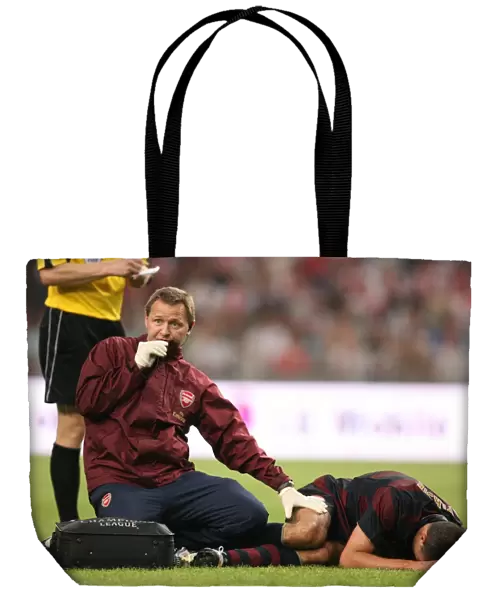Arsenal physio Gary Lewin treats the injured Robin van Persie