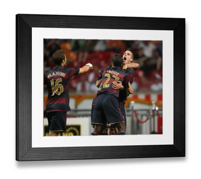 Framed Print : Euphoria Unleashed: Van Persie's Historic Goal Celebration with Eboue, Eduardo, and Flamini (Arsenal 1-0 Ajax, 2007) Framed Print : Euphoria Unleashed: Van Persie's Historic Goal Celebration with Eboue, Eduardo, and Flamini (Arsenal 1-0 Ajax, 2007)