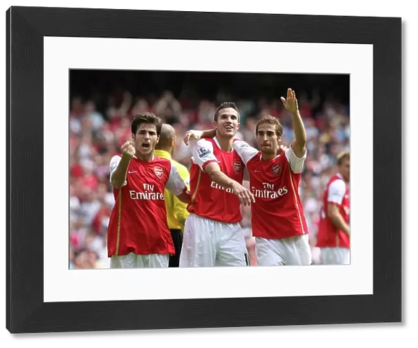 Robin van Persie Cesc Fabregas and Mathieu Flamini celebrate the 2nd Arsenal goal scored by Alex Hleb. Arsenal 2: 1 Fulham, Barclays Premier League, Emirates Stadium, London, 12  /  8  /  2007. Credit: Stuart MacFarlane  /  Arsenal