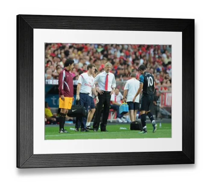 Framed Print : Arsene Wenger and Colin Lewin Support Injured Robin van Persie against Benfica (2011)