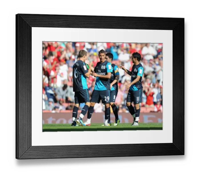 Framed Print : Arsenal's Ramsey, Chamakh, Nasri, and Vela Celebrate Goals Against Boca Juniors at Emirates Cup, 2011