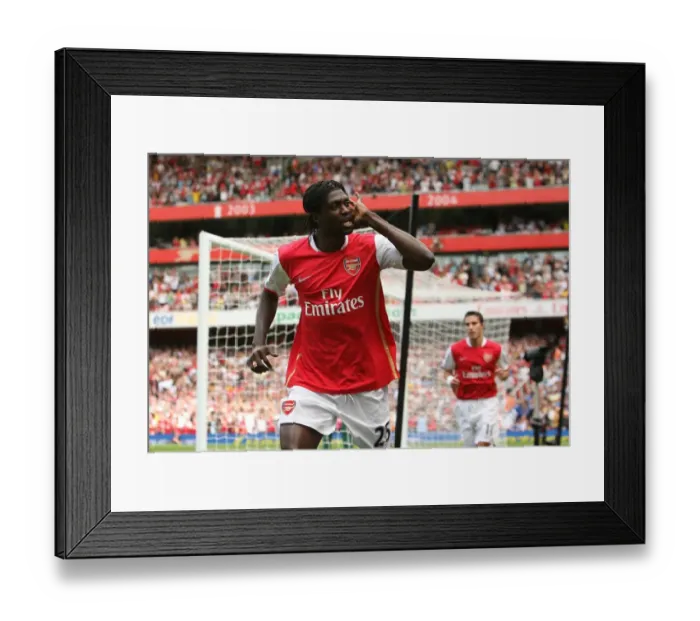 Framed Print : Adebayor's Thrilling Goal: Arsenal Leads 3-1 vs. Portsmouth, Barclays Premier League