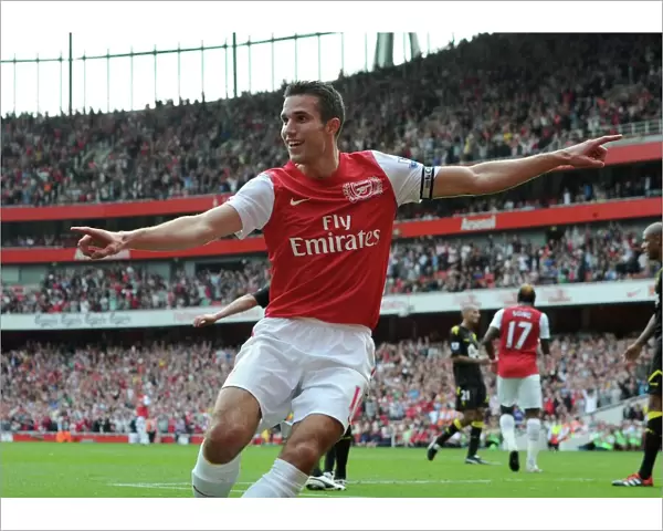 Robin van Persie celebrates scoring his and Arsenals 2nd goal, his 100th goal for Arsenal