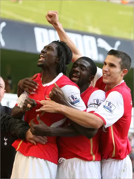 Triumphant Trio: Adebayor, Toure, and van Persie Celebrate Arsenal's First Goal Against Tottenham (15 / 9 / 07)