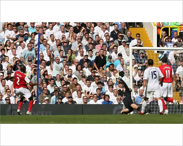 Abu Diaby (Arsenal) watcheds as his shot beats Paul Robinson but hits the crossbar