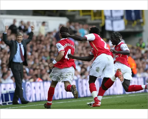 Cesc Fabregas celebrates scoring the 2nd Arsenal goal with Emmanuel Adebayor