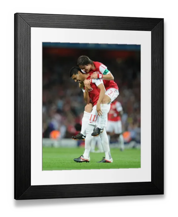Framed Print : Arsenal's Andre Santos and Tomas Rosicky Celebrate Goal Against Olympiacos in 2011-12 UEFA Champions League
