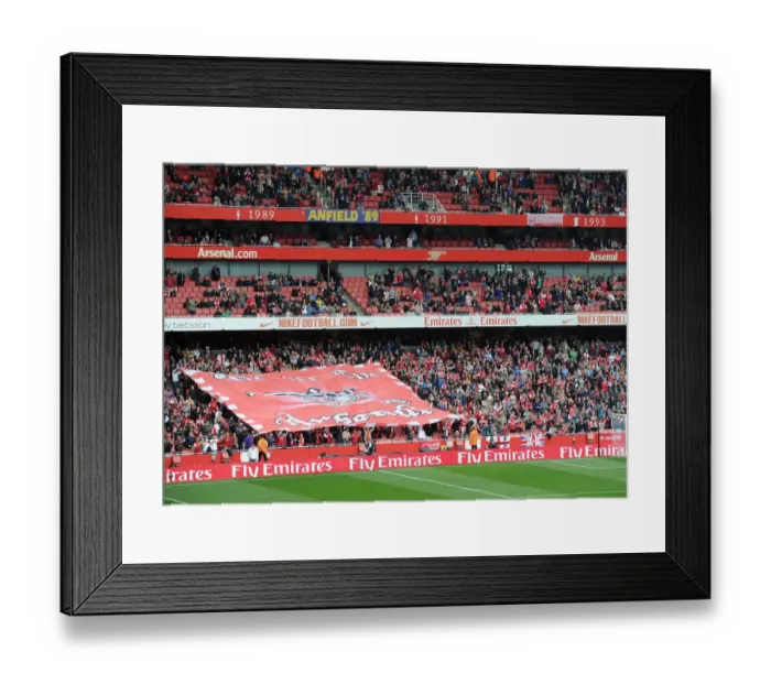Framed Print : Arsenal fans flag. Arsenal 2: 1 Sunderland. Barclays Premier League. Emirates Stadium, 16  /  10  /  11