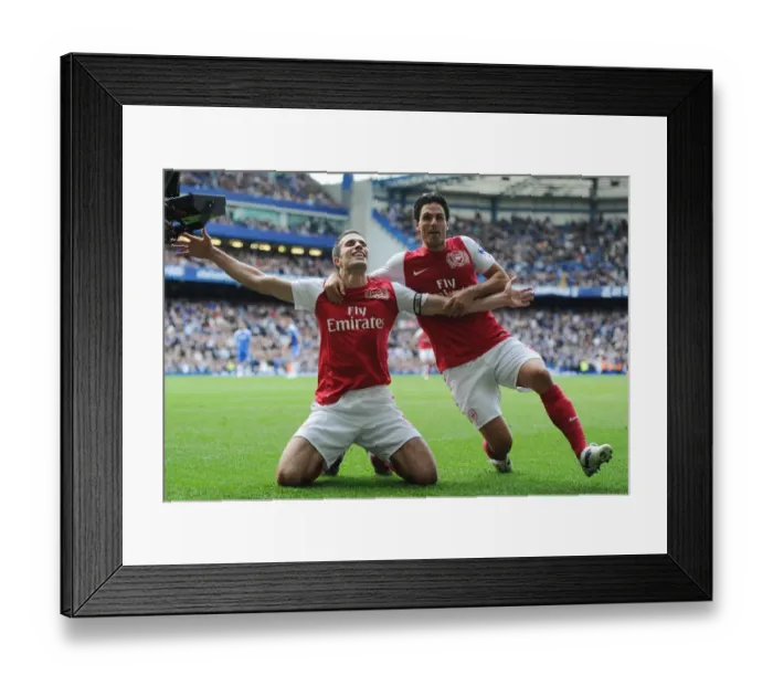 Framed Print : Robin van Persie and Mikel Arteta: Celebrating Arsenal's Five-Goal Blitz Against Chelsea (2011-12) Framed Print : Robin van Persie and Mikel Arteta: Celebrating Arsenal's Five-Goal Blitz Against Chelsea (2011-12)