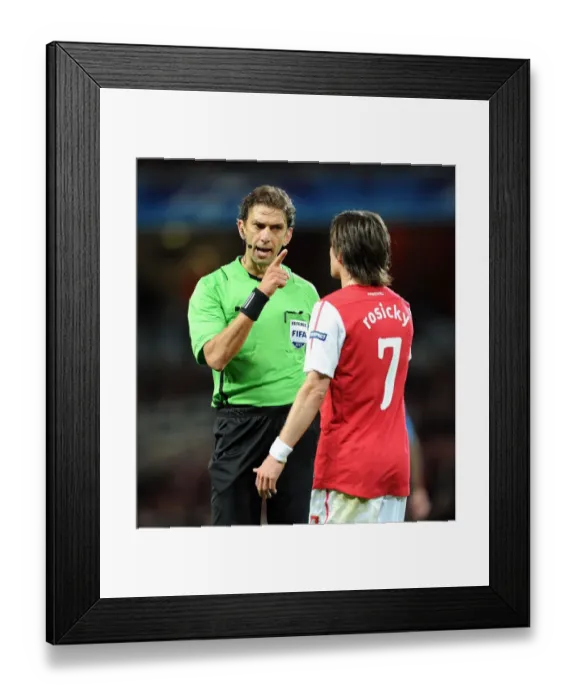 Framed Print : Arsenal vs Marseille: Referee Intervenes Between Paolo Tagliavento and Tomas Rosicky during UEFA Champions League Match at Emirates Stadium Framed Print : Arsenal vs Marseille: Referee Intervenes Between Paolo Tagliavento and Tomas Rosicky during UEFA Champions League Match at Emirates Stadium