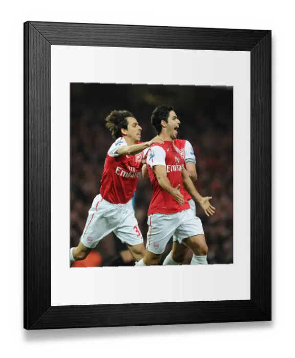 Framed Print : Mikel Arteta, Yossi Benayoun, and Robin van Persie Celebrate Arsenal's Goals Against West Bromwich Albion (2011-12)