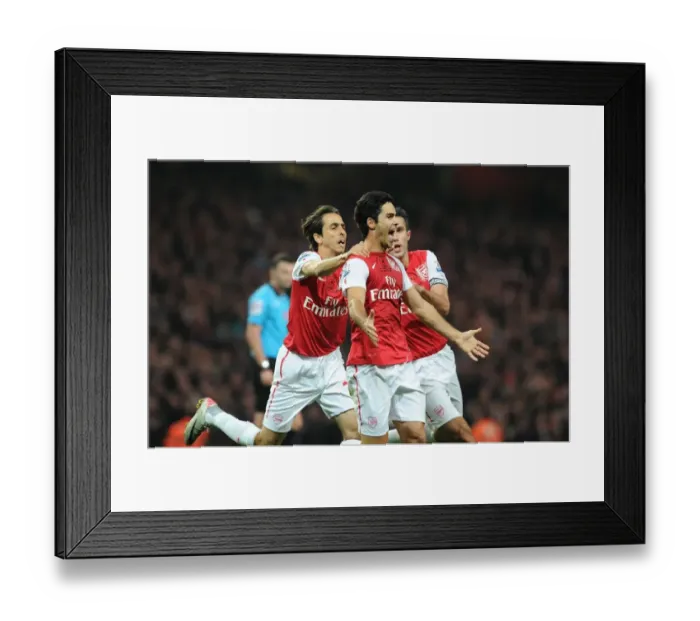 Framed Print : Arsenal's Mikel Arteta, Yossi Benayoun, and Robin van Persie Celebrate Goals Against West Bromwich Albion (2011-12) Framed Print : Arsenal's Mikel Arteta, Yossi Benayoun, and Robin van Persie Celebrate Goals Against West Bromwich Albion (2011-12)