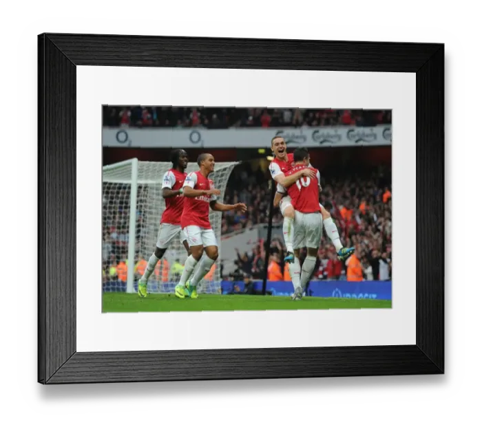 Framed Print : Arsenal's Vermaelen, Van Persie, Gervinho, and Walcott Celebrate Goals Against West Bromwich Albion (2011-12)