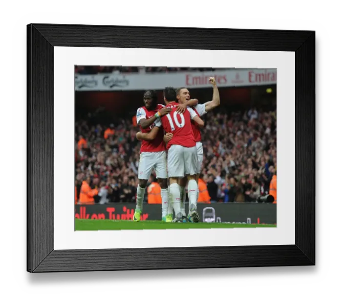 Framed Print : Arsenal's Double Strike: Vermaelen, Van Persie, Gervinho, and Walcott Celebrate Goals Against West Bromwich Albion (2011-12) Framed Print : Arsenal's Double Strike: Vermaelen, Van Persie, Gervinho, and Walcott Celebrate Goals Against West Bromwich Albion (2011-12)