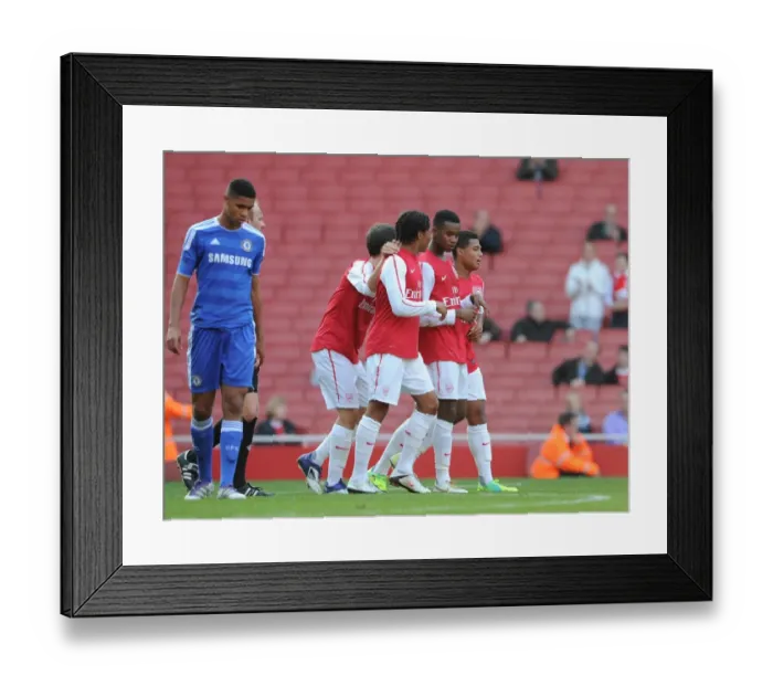 Framed Print : Zak Ansah celebrates scoring Arsenals goal with Phillip Roberts and Serge Gnabry Framed Print : Zak Ansah celebrates scoring Arsenals goal with Phillip Roberts and Serge Gnabry