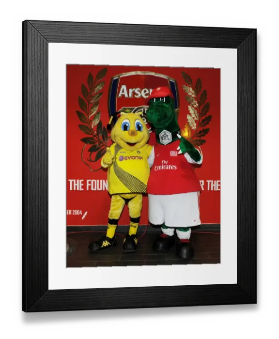 Framed Print : LONDON, ENGLAND - NOVEMBER 23: Arsenal and Dortmund mascots before the UEFA Champions League Group F match between Arsenal FC and Borussia Dortmund at Emirates Stadium on November 23, 2011 in London, England. (Photo by David Price / Arsenal FC via Framed Print : LONDON, ENGLAND - NOVEMBER 23: Arsenal and Dortmund mascots before the UEFA Champions League Group F match between Arsenal FC and Borussia Dortmund at Emirates Stadium on November 23, 2011 in London, England. (Photo by David Price / Arsenal FC via
