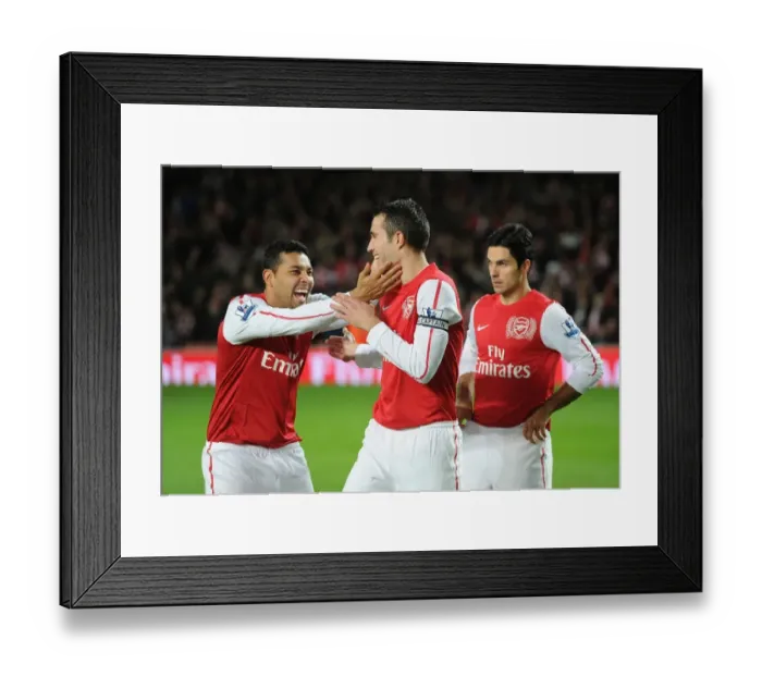 Framed Print : Arsenal Duo: Van Persie and Santos Sharing a Light-Hearted Moment Before Arsenal vs. Fulham, 2011-12