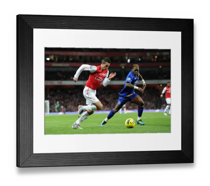 Framed Print : Arsenal's Robin van Persie Clashes with Everton's Louis Saha during the 2011-12 Premier League Match Framed Print : Arsenal's Robin van Persie Clashes with Everton's Louis Saha during the 2011-12 Premier League Match
