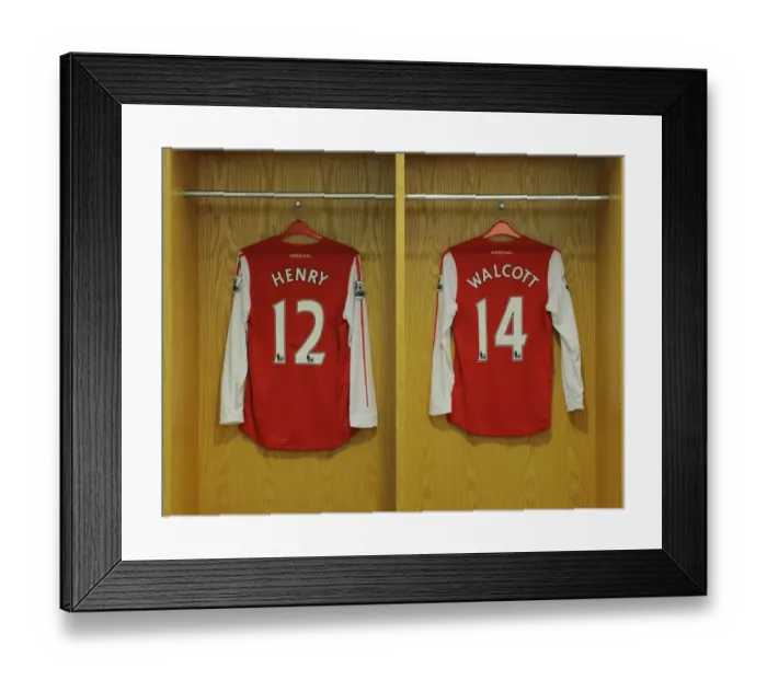 Framed Print : Arsenal FC: Henry and Walcott's Shirts in the Dressing Room Before Arsenal vs. Leeds United FA Cup Match (2011-12) Framed Print : Arsenal FC: Henry and Walcott's Shirts in the Dressing Room Before Arsenal vs. Leeds United FA Cup Match (2011-12)