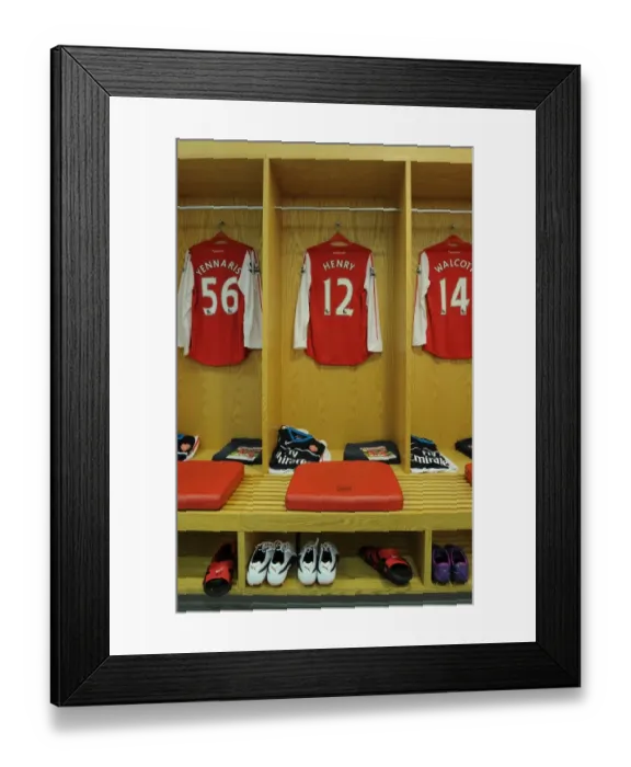 Framed Print : Arsenal FC: Henry, Walcott, and Yennaris in the Changing Room before Arsenal vs. Leeds United FA Cup Match, 2012