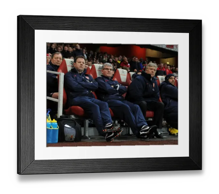 Framed Print : Arsenal's Coach Trio: Wenger, Rice, and Lewin during the 2011-2012 Arsenal vs. Wolverhampton Wanderers Match