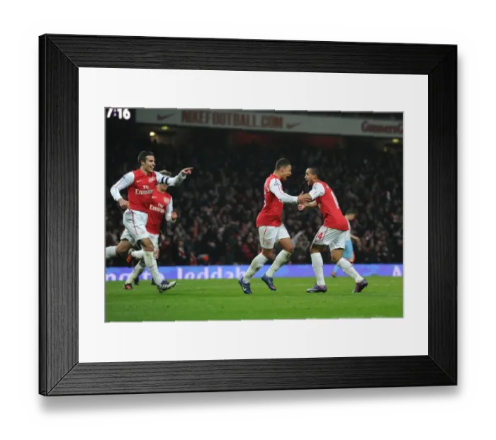 Framed Print : Arsenal's Walcott, Oxlade-Chamberlain, and van Persie Celebrate Goals in FA Cup Match vs. Aston Villa
