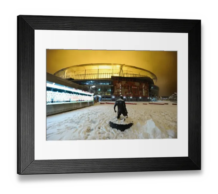 Framed Print : Winter's Embrace: Arsenal's Emirates Stadium Transformed in Snow
