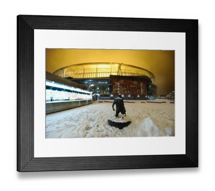 Framed Print : Winter's Embrace at Emirates: Arsenal's Stadium Transformed in Snow