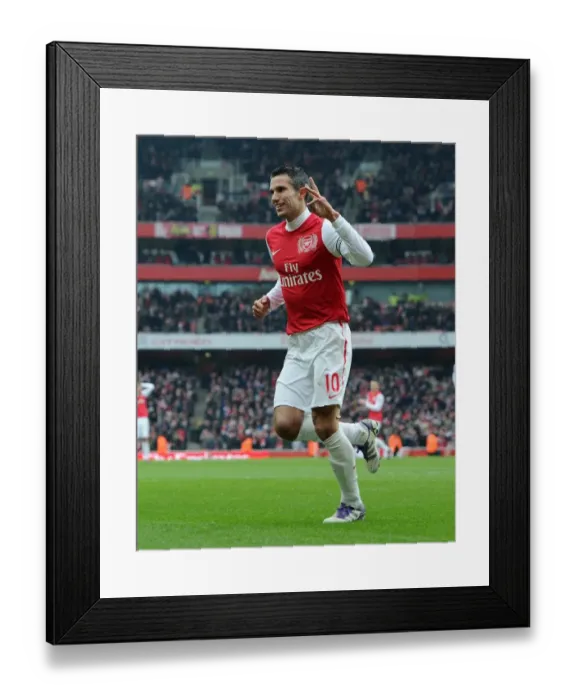 Framed Print : Robin van Persie celebrates scoring Arsenals 6th goal his 3rd. Arsenal 7: 1 Blackburn Rovers