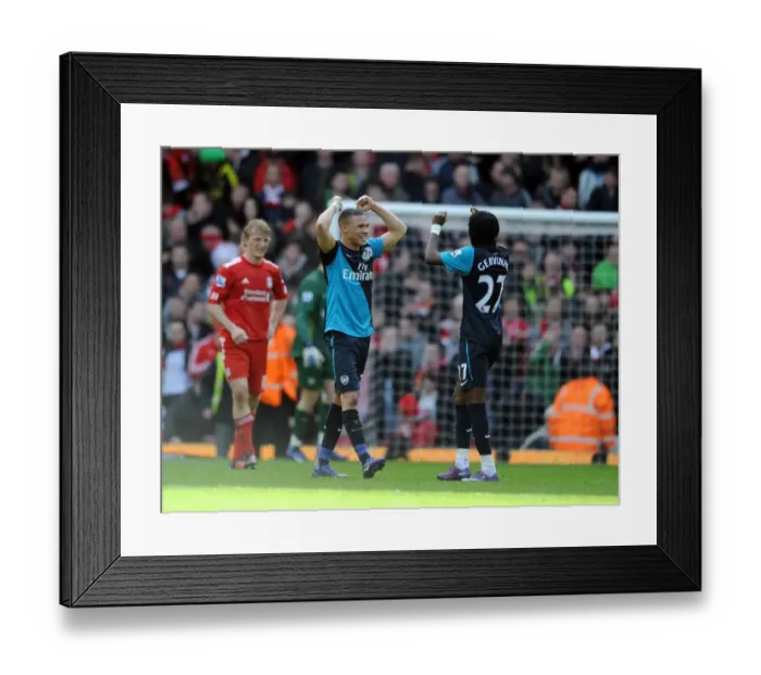 Framed Print : Celebrating Victory: Arsenal's Gibbs and Gervinho at Anfield (Liverpool v Arsenal 2011-12) Framed Print : Celebrating Victory: Arsenal's Gibbs and Gervinho at Anfield (Liverpool v Arsenal 2011-12)