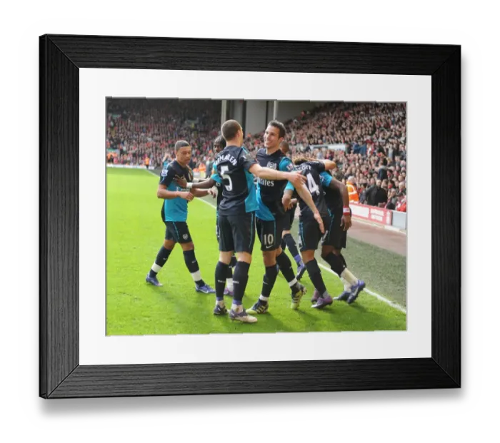 Framed Print : Robin van Persie and Thomas Vermaelen Celebrate Arsenal's Goals Against Liverpool (2011-12) Framed Print : Robin van Persie and Thomas Vermaelen Celebrate Arsenal's Goals Against Liverpool (2011-12)