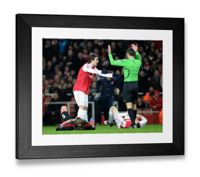 Framed Print : Arsenal's Rosicky Discusses Calls with Referee during Dominant 3-0 Win over AC Milan in UEFA Champions League