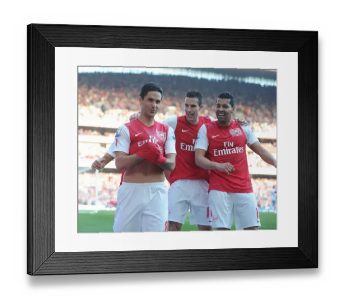 Framed Print : Mikel Arteta, Andre Santos, and Robin van Persie Celebrate Arsenal's Goals Against Aston Villa (2011-12) Framed Print : Mikel Arteta, Andre Santos, and Robin van Persie Celebrate Arsenal's Goals Against Aston Villa (2011-12)