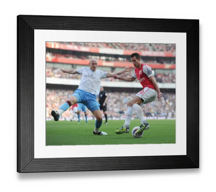 Framed Print : Arsenal's Robin van Persie Clashes with Aston Villa's James Collins in Premier League Showdown Framed Print : Arsenal's Robin van Persie Clashes with Aston Villa's James Collins in Premier League Showdown