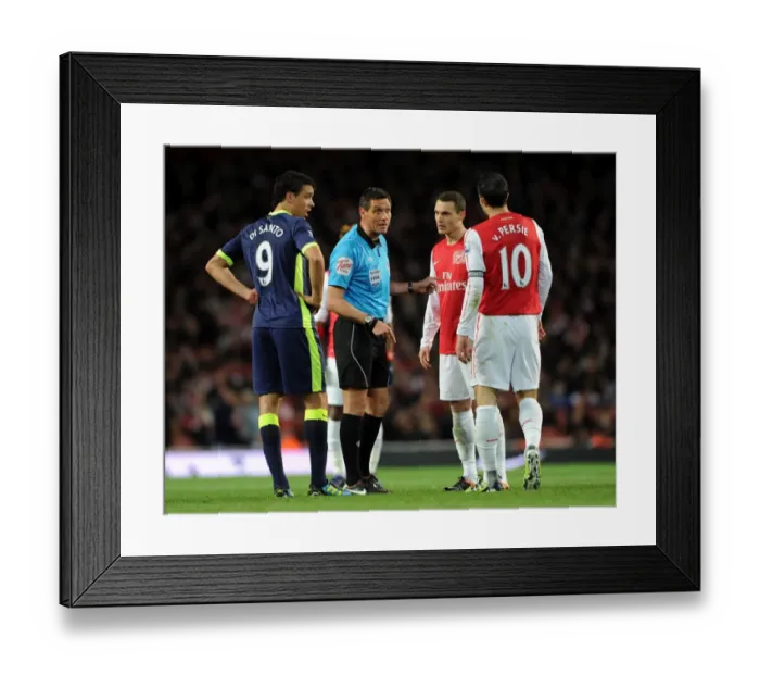 Framed Print : Arsenal vs. Wigan: Referee Andre Mariner Mediates Between Vermaelen, van Persie, and Di Santo Framed Print : Arsenal vs. Wigan: Referee Andre Mariner Mediates Between Vermaelen, van Persie, and Di Santo