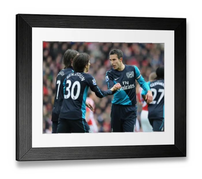 Framed Print : Triumphant Threesome: Van Persie, Benayoun, Rosicky Celebrate Arsenal's Goal Against Stoke City