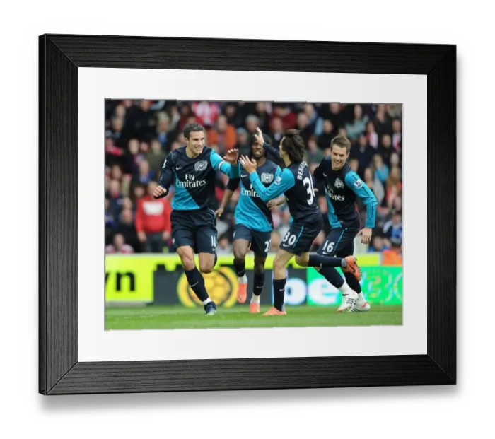 Framed Print : Arsenal's Van Persie, Gervinho, Ramsey, and Benayoun Celebrate Goal Against Stoke City (2011-12) Framed Print : Arsenal's Van Persie, Gervinho, Ramsey, and Benayoun Celebrate Goal Against Stoke City (2011-12)