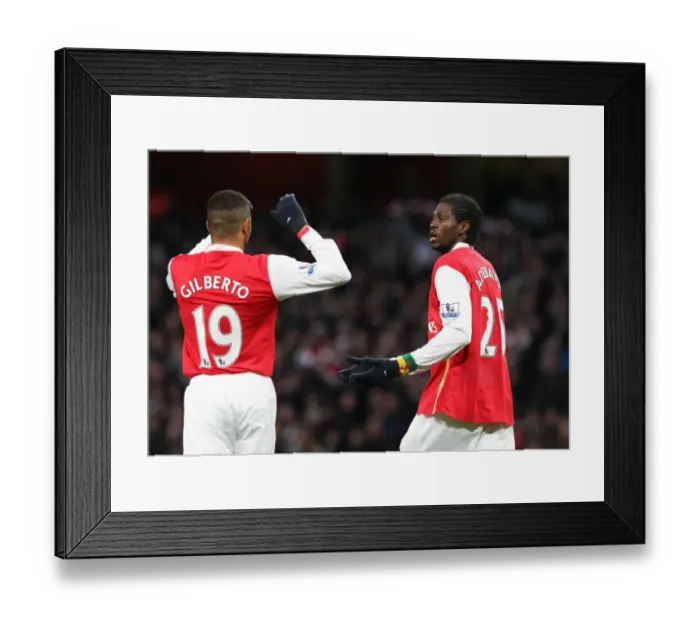 Framed Print : Emmanuel Adebayor celebrates scoring Arsenal and his 2nd goal with Gilberto Framed Print : Emmanuel Adebayor celebrates scoring Arsenal and his 2nd goal with Gilberto