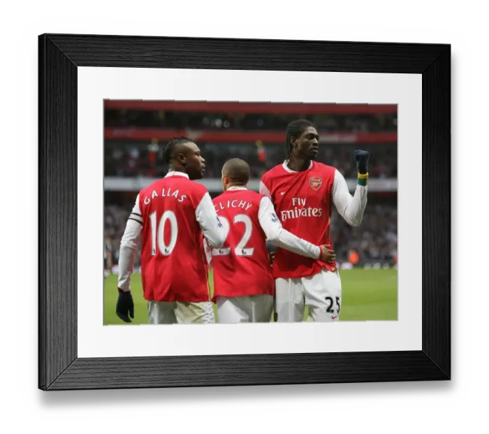 Framed Print : Adebayor's Historic First Goal for Arsenal: A Triumphant Celebration with Gallas and Clichy