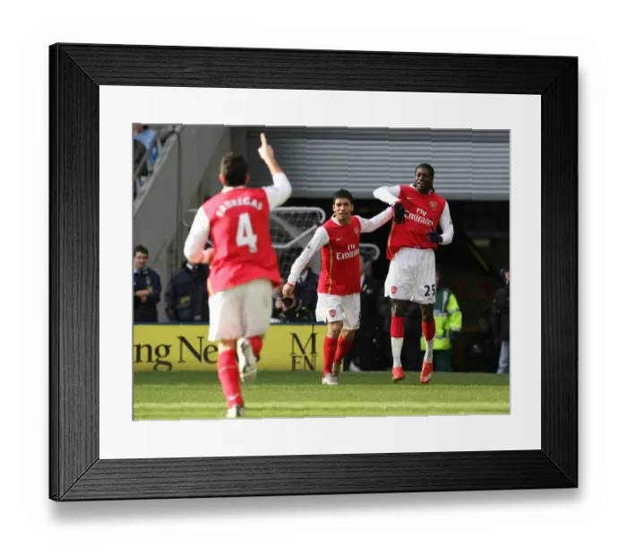 Framed Print : Triumphant Threesome: Adebayor, Eduardo, and Fabregas Celebrate Arsenal's First Goal in Manchester City R rout (2008) Framed Print : Triumphant Threesome: Adebayor, Eduardo, and Fabregas Celebrate Arsenal's First Goal in Manchester City R rout (2008)